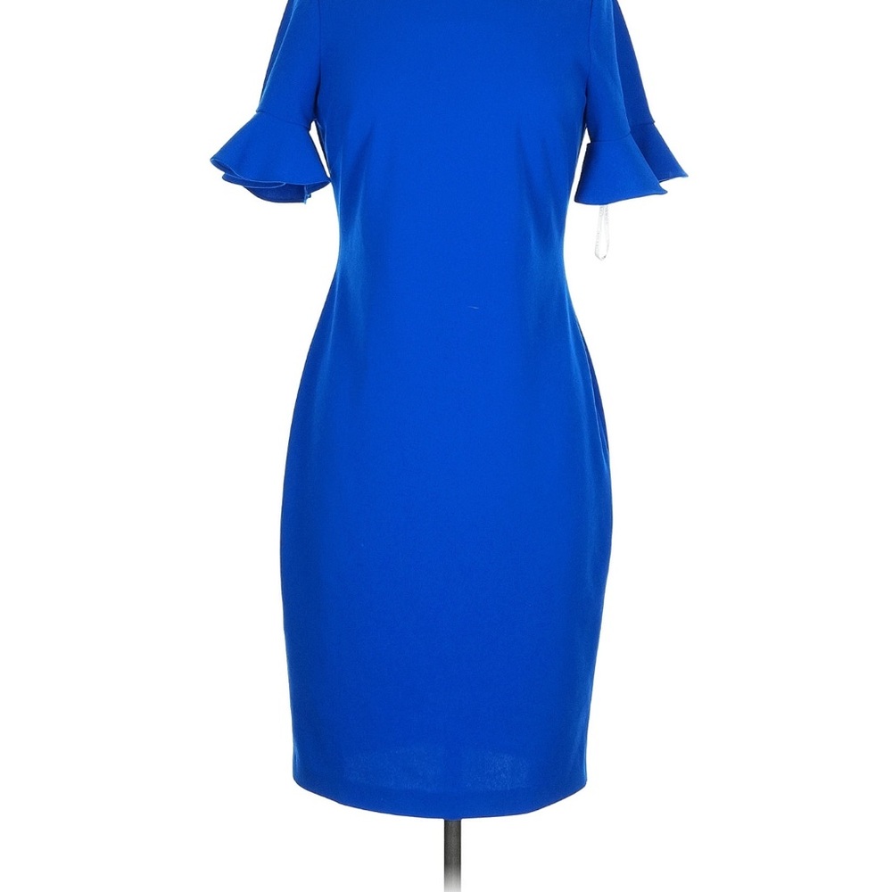 Calvin Klein Blue Ruffled Cold Shoulder Sheath Dress
